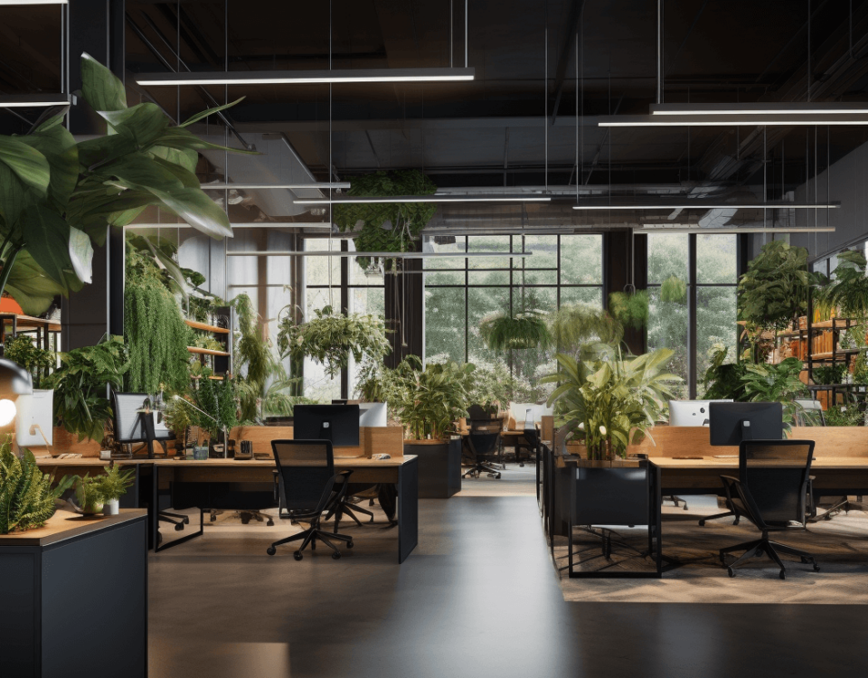 Moderne Büroeinrichtung mit Pflanzen